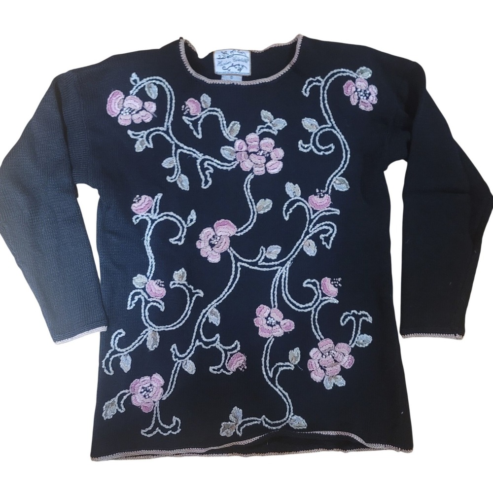 Heirloom Collectibles Vintage 1998 Floral Embroidered Beaded Sweater Black S‎